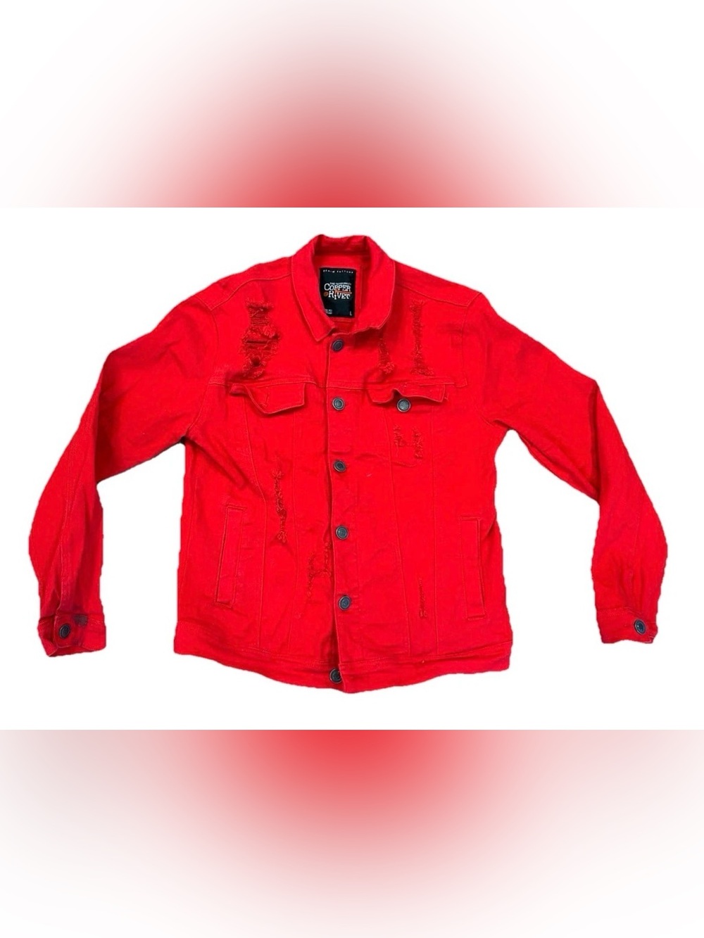 Copper Rivet Jean Jacket Coat Denim Mens Large Red Distressed Button Front